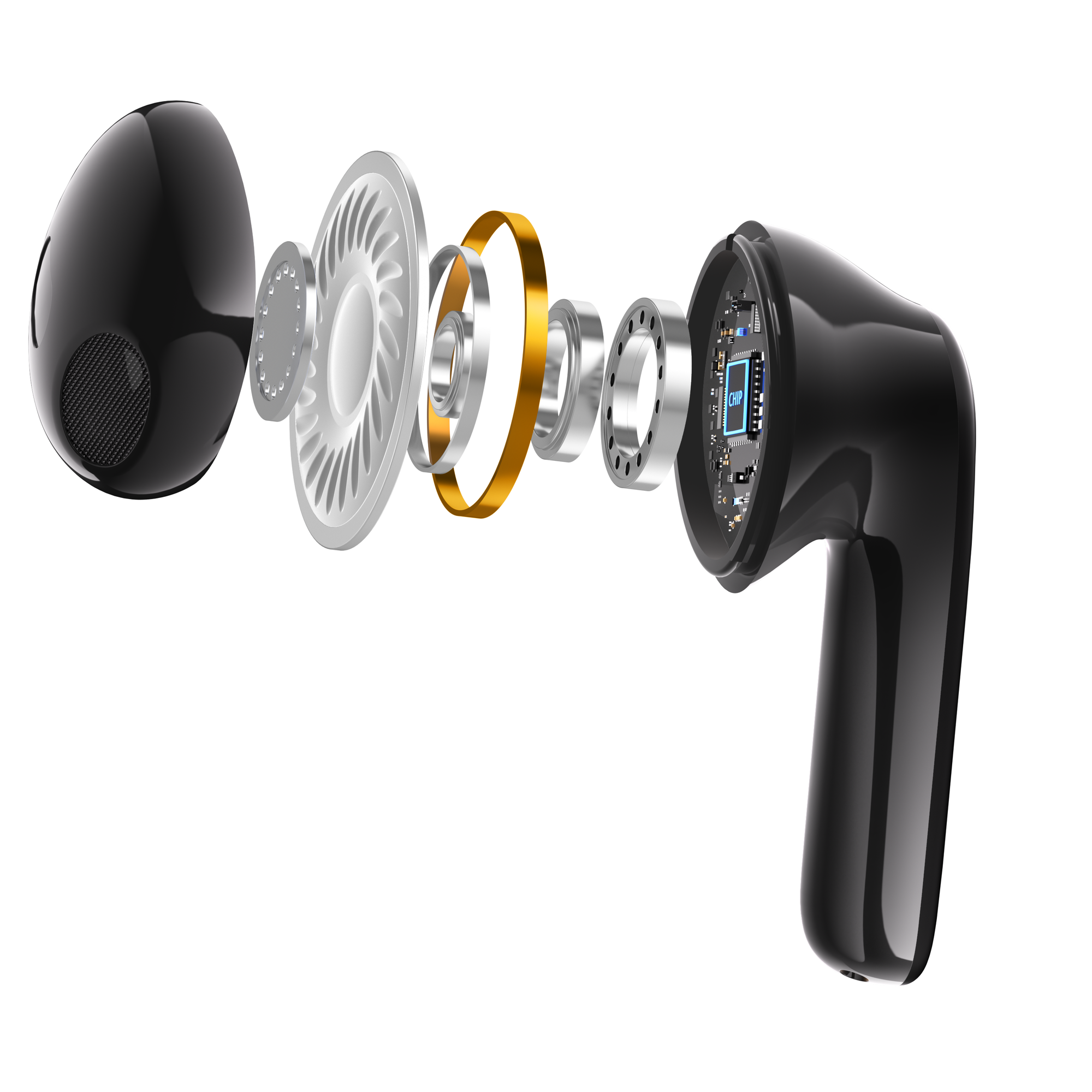 Exploded view of beStylic earbud and driver